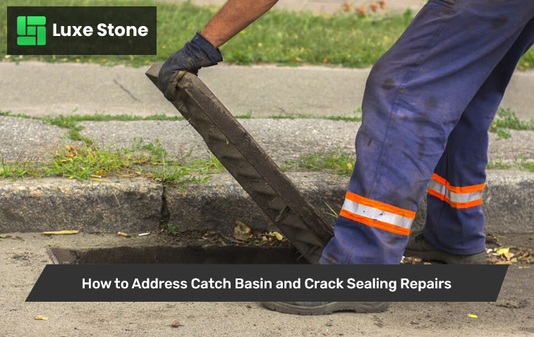 Worker performing catch basin repair on a pavement